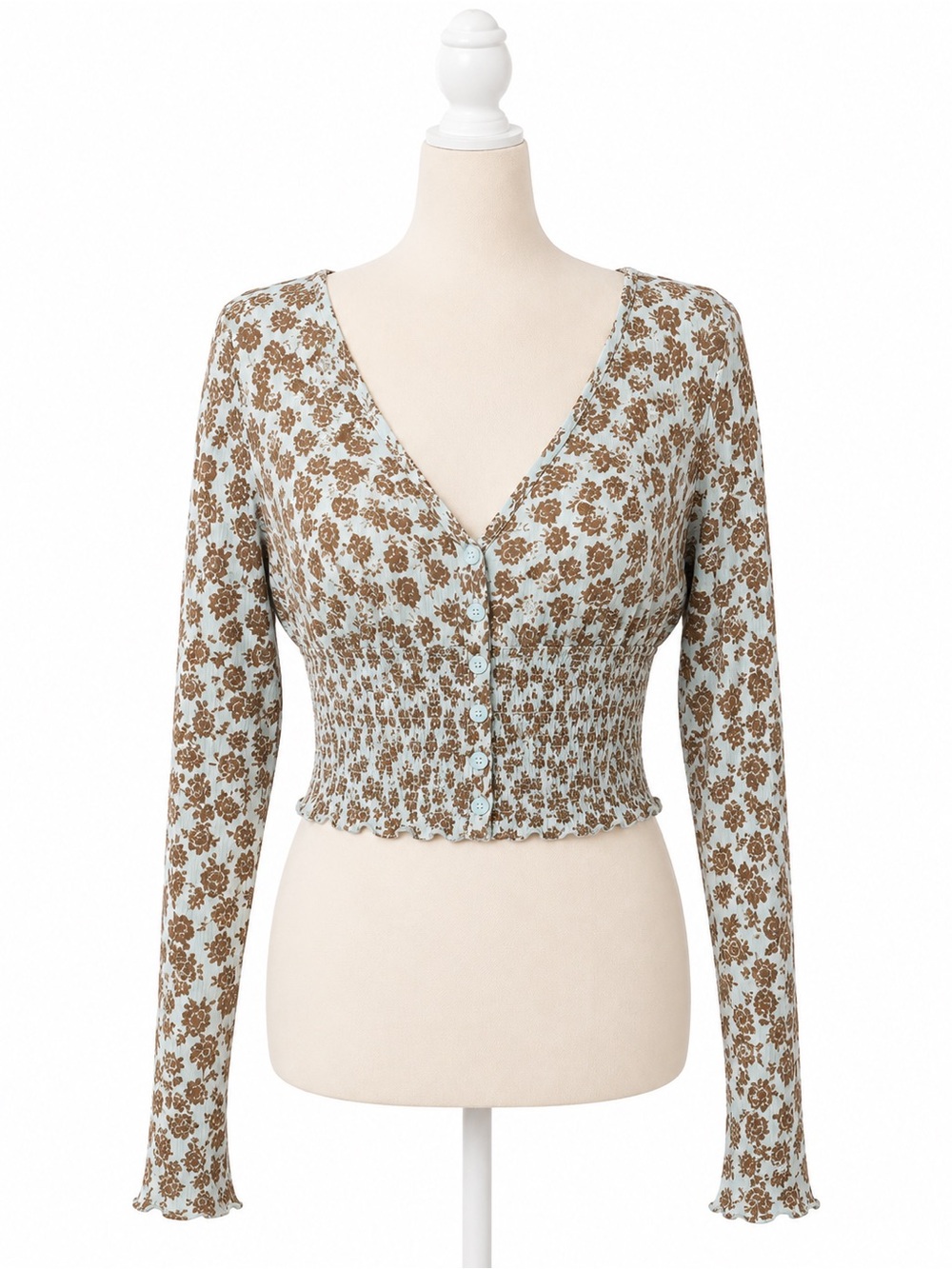 Urban Outfitters Floral Smocked Crop Top L Blue Brown Long Sleeve Cottagecore